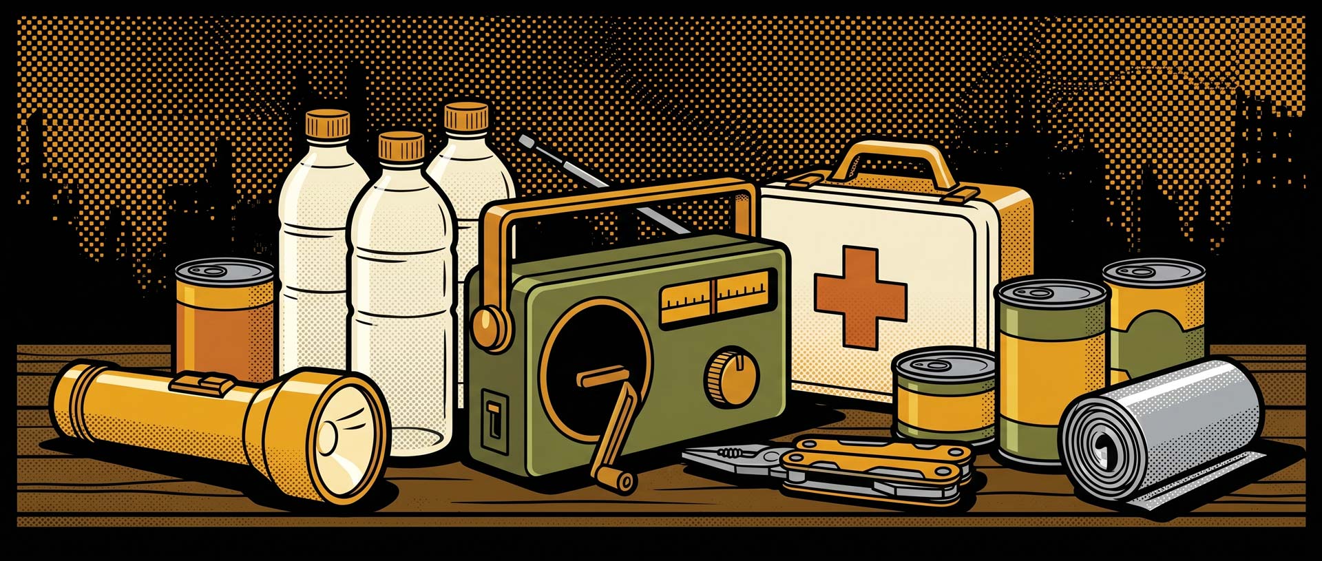 Kit d'urgence 72h : radio, lampe, trousse de secours, conserves et eau