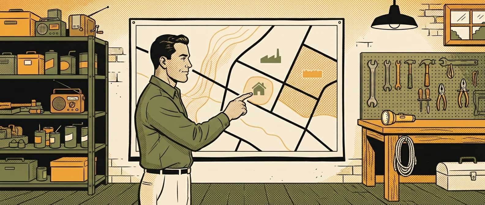 Carte avec zones de risques surlignées et une maison en arrière-plan