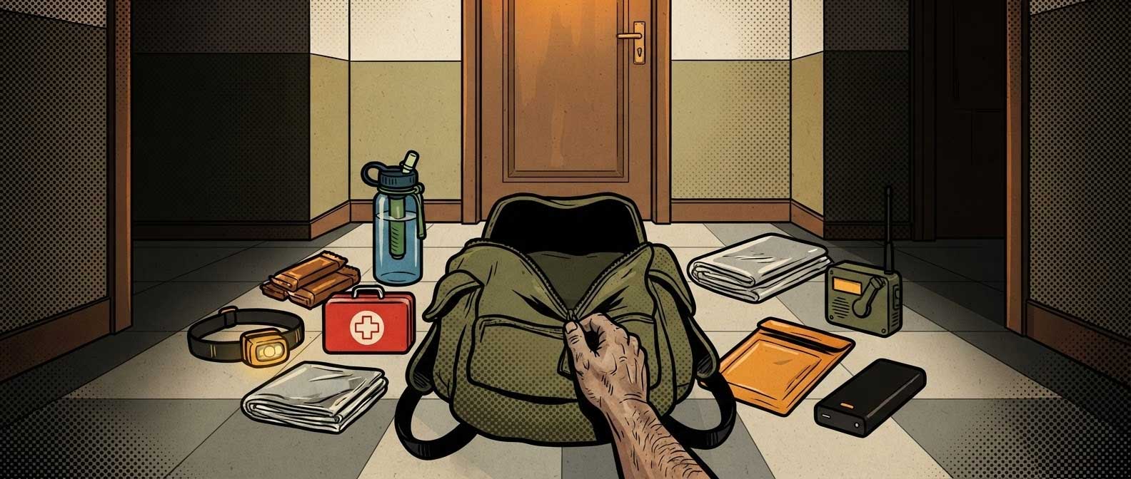 Sac d'évacuation Bug Out Bag ouvert avec son contenu organisé sur un plancher