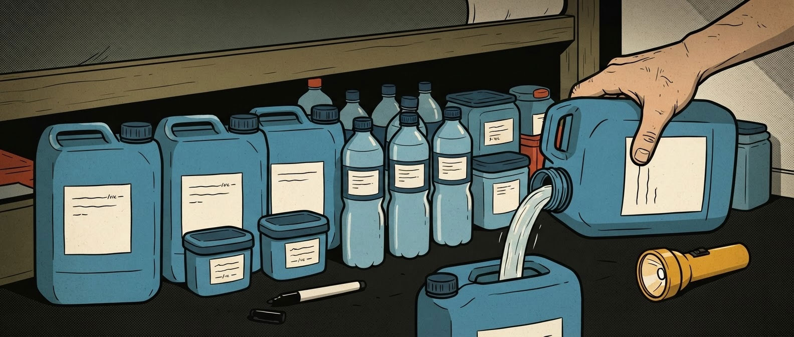 Bidons PEHD bleus et bouteilles d'eau stockés dans un appartement pour survie