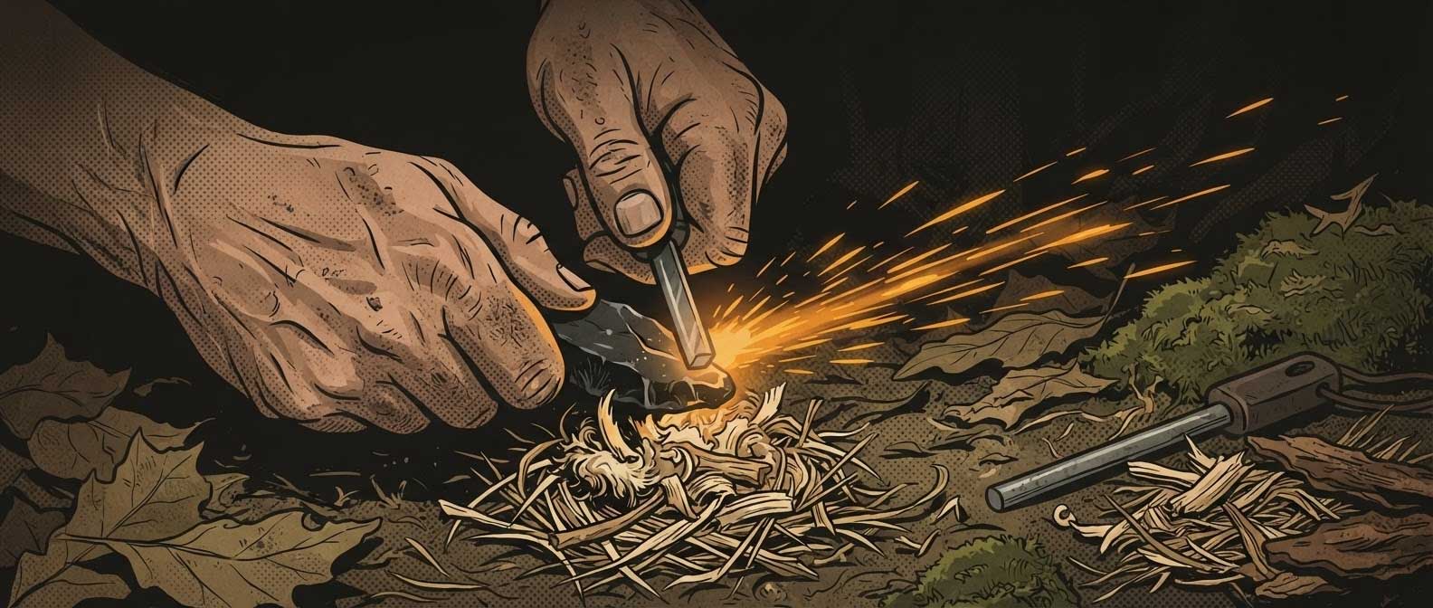 Faire du feu sans briquet avec silex et acier en pleine nature