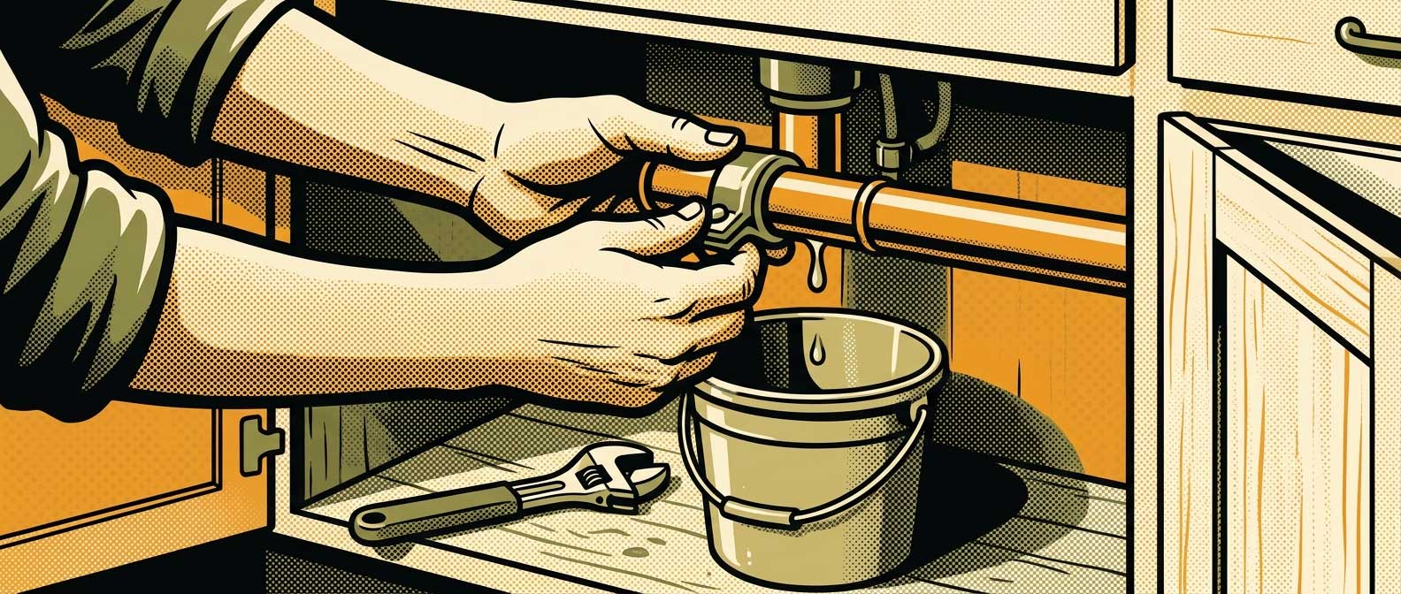 Mains resserrant un collier de réparation métallique sur un tuyau qui fuit