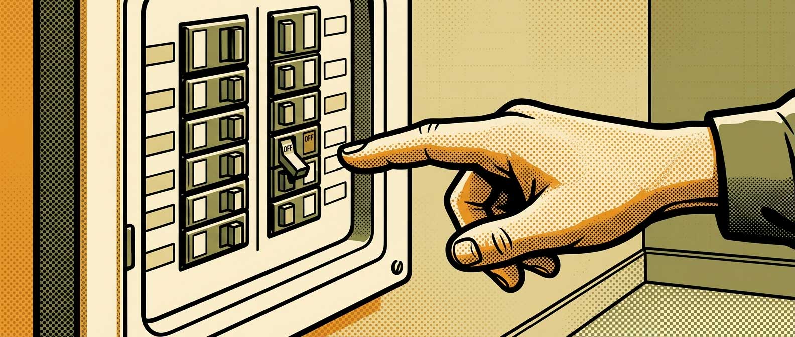 Tableau électrique domestique ouvert avec ses rangées de disjoncteurs