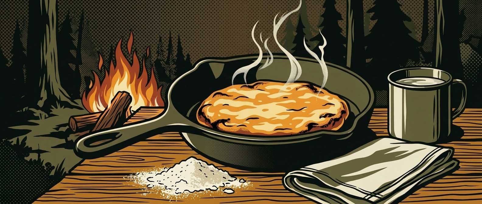 Bannock pain de survie écossais cuit à la poêle sur feu de camp