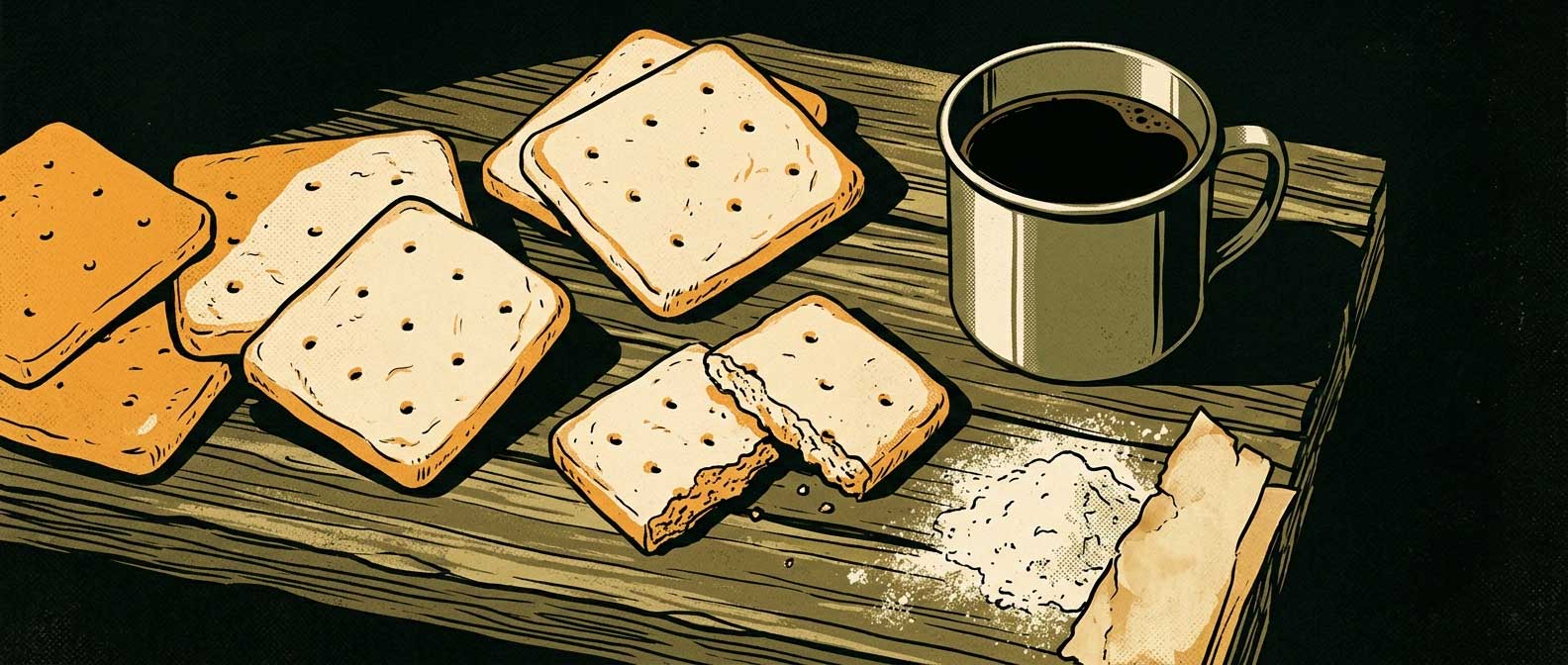 Hardtack biscuits de survie carrés posés sur une table en bois rustique