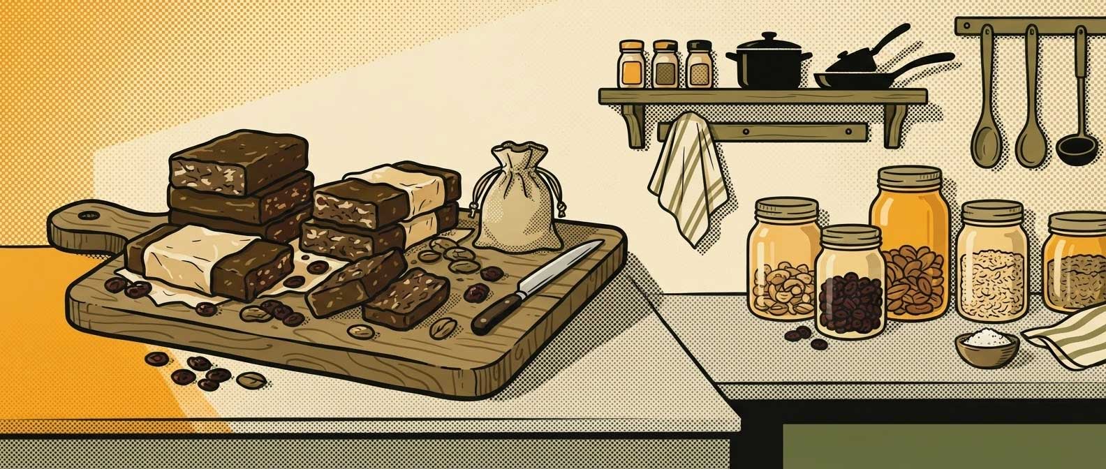 Barres de pemmican coupées, viande séchée et fruits secs sur une planche en bois