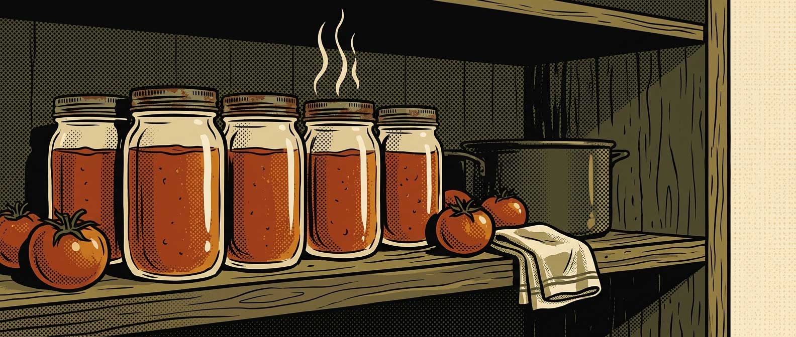 Bocaux de sauce tomate maison rangés sur une étagère de garde-manger
