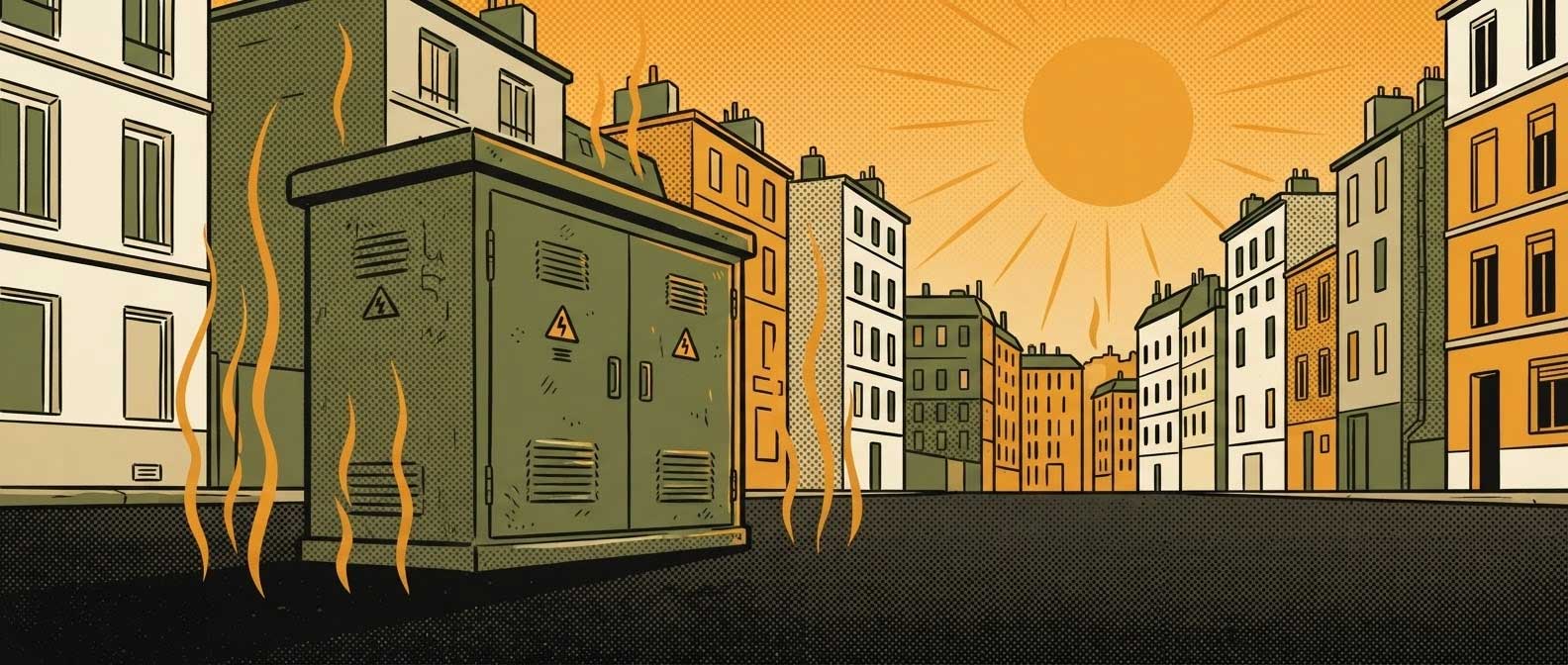 Transformateur électrique de rue sous une chaleur écrasante, ville en arrière-plan